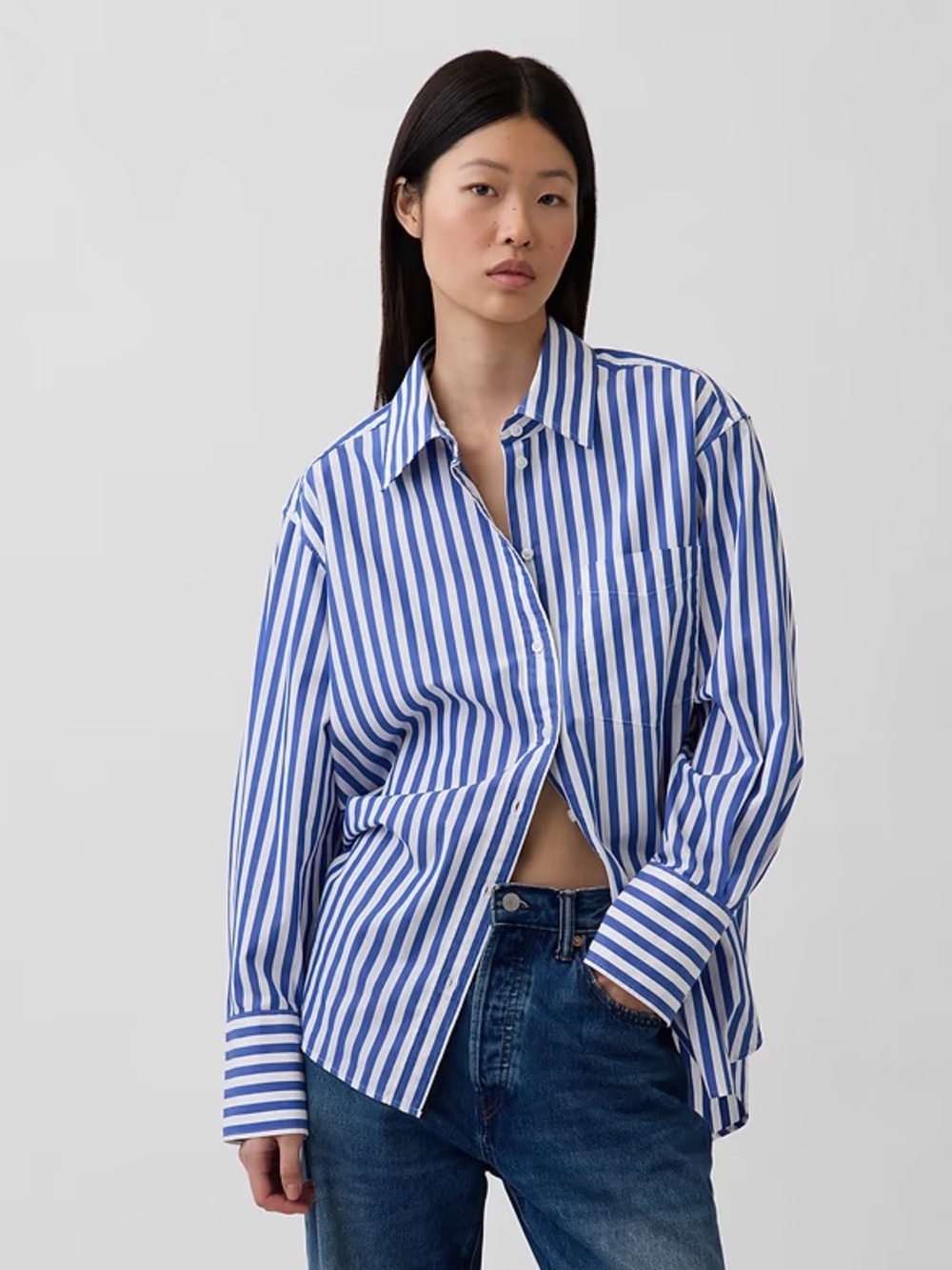 Mango Oversized Blue and White Striped Button Down Shirt Cotton Poplin